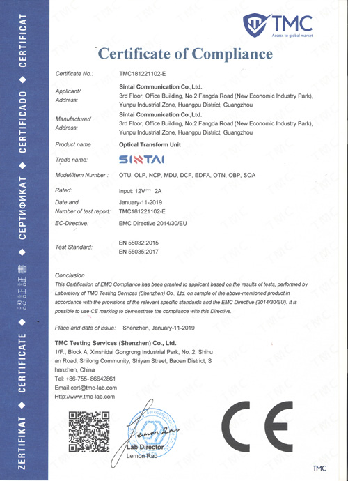 CE Certificate Of Compliance