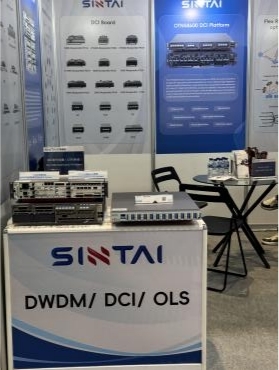 Sintai's optical networking products, including DCI boards and platforms, on display at their trade show booth.